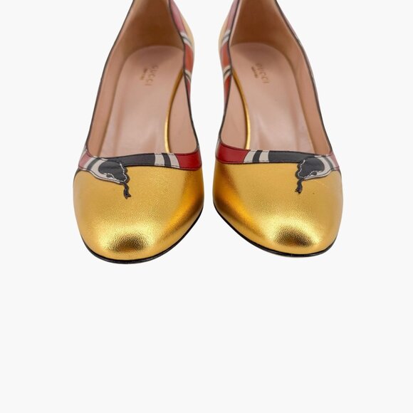 Gucci Yoko Snake Gold Metallic Leather Pumps High Heels Shoes Size 38.5 US 8.5 - Picture 5 of 16